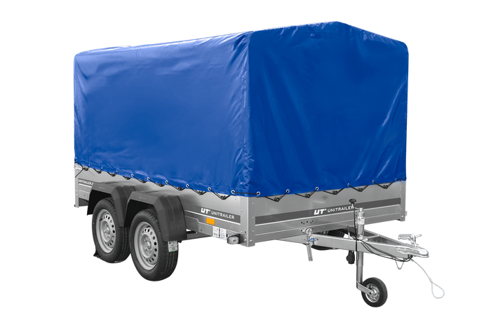 Przyczepka dwuosiowa 264x150 UNITRAILER GARDEN 265/2 KIPP ze stelażem H-1100 i pokrowcem niebieskim