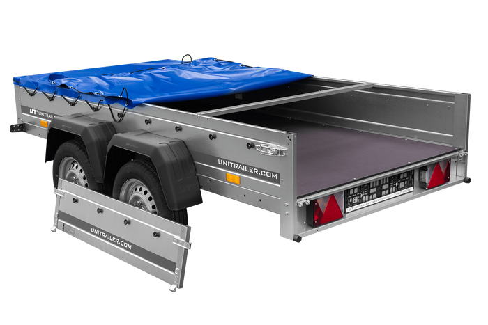 Przyczepka dwuosiowa 264x125 UNITRAILER GARDEN 264/2 KIPP ze stelażem H-0 i plandeką niebieską