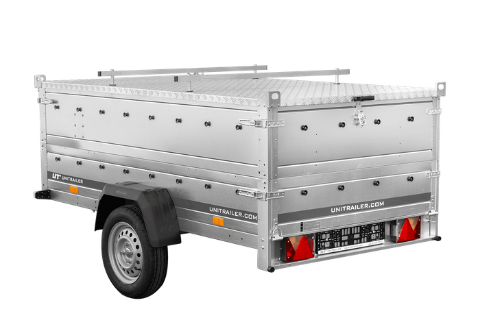 Przyczepka jednoosiowa 230x125 UNITRAILER GARDEN 230 KIPP z burtami BIS i pokrywą aluminiową