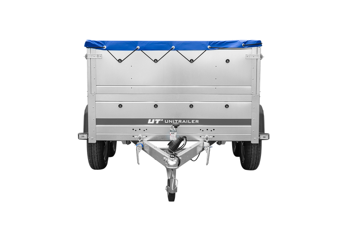 Przyczepka dwuosiowa 264x125 UNITRAILER GARDEN 264/2 KIPP z burtami BIS, stelażem H-0 i pokrowcem niebieskim