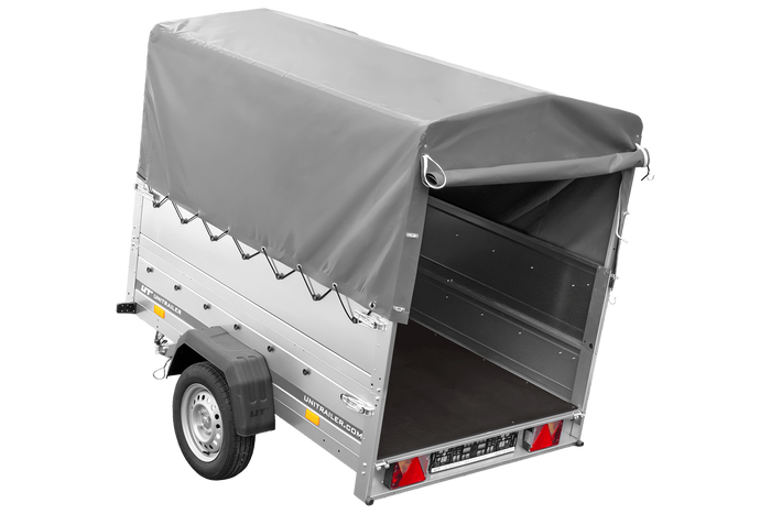 Przyczepka samochodowa 200x125 UNITRAILER GARDEN 201 KIPP z burtami BIS, stelażem H-800 i pokrowcem szarym