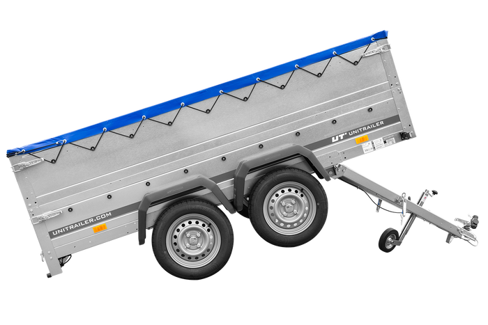 Przyczepka dwuosiowa 264x125 UNITRAILER GARDEN 264/2 KIPP z burtami BIS i pokrowcem niebieskim