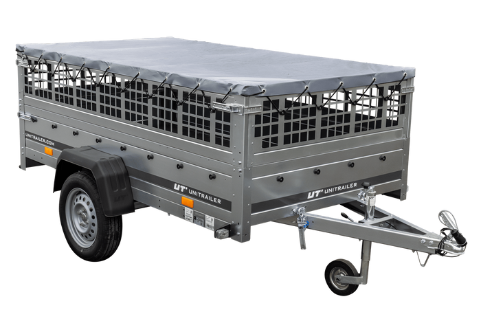 Przyczepka jednoosiowa 230x125 UNITRAILER GARDEN 230 KIPP z burtami siatkowymi, stelażem H-0 i pokrowcem szarym
