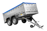 Przyczepka dwuosiowa 264x125 UNITRAILER GARDEN 264/2 KIPP z burtami BIS, stelażem H-0 i pokrowcem niebieskim