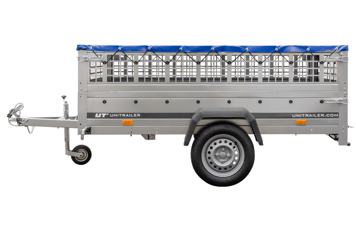 Przyczepka lekka 230x125 UNITRAILER GARDEN 230 KIPP z burtami siatkowymi i stelażem H-0 i pokrowcem niebieskim