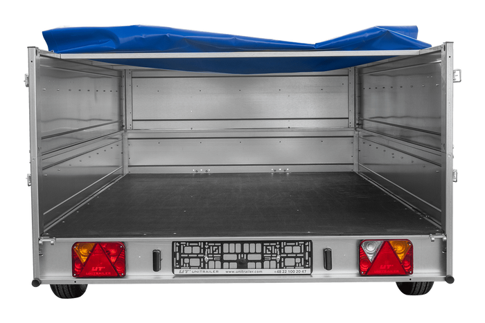 Przyczepka jednoosiowa 264x150 UNITRAILER GARDEN 265 KIPP z burtami BIS, stelażem H-0 i pokrowcem niebieskim