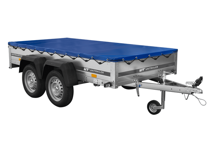 Przyczepka dwuosiowa 264x125 UNITRAILER GARDEN 264/2 KIPP ze stelażem H-0 i plandeką niebieską