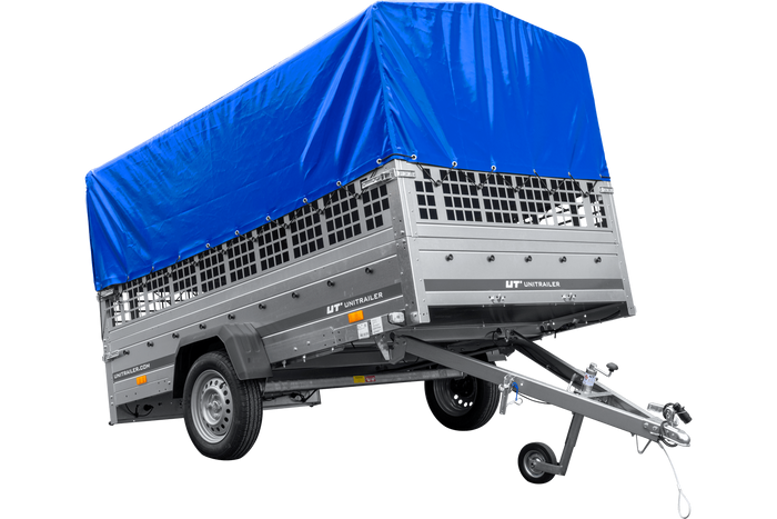 Przyczepka samochodowa 264x150 UNITRAILER GARDEN 265 KIPP z burtami siatkowymi, stelażem H-800 i pokrowcem niebieskim