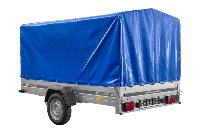 Przyczepka jednoosiowa 264x150 UNITRAILER GARDEN 265 KIPP ze stelażem H-1100 i pokrowcem niebieskim