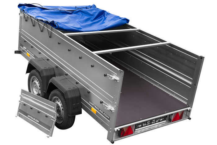 Przyczepka dwuosiowa 264x125 UNITRAILER GARDEN 264/2 KIPP z burtami BIS, stelażem H-0 i pokrowcem niebieskim