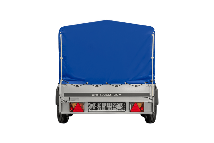 Przyczepka dwuosiowa 264x125 UNITRAILER GARDEN 264/2 KIPP ze stelażem H-800 i pokrowcem niebieskim