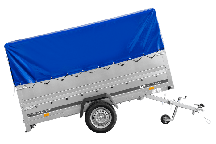 Przyczepka jednoosiowa 264x150 UNITRAILER GARDEN 265 KIPP z burtami BIS, stelażem H-800 i pokrowcem niebieskim